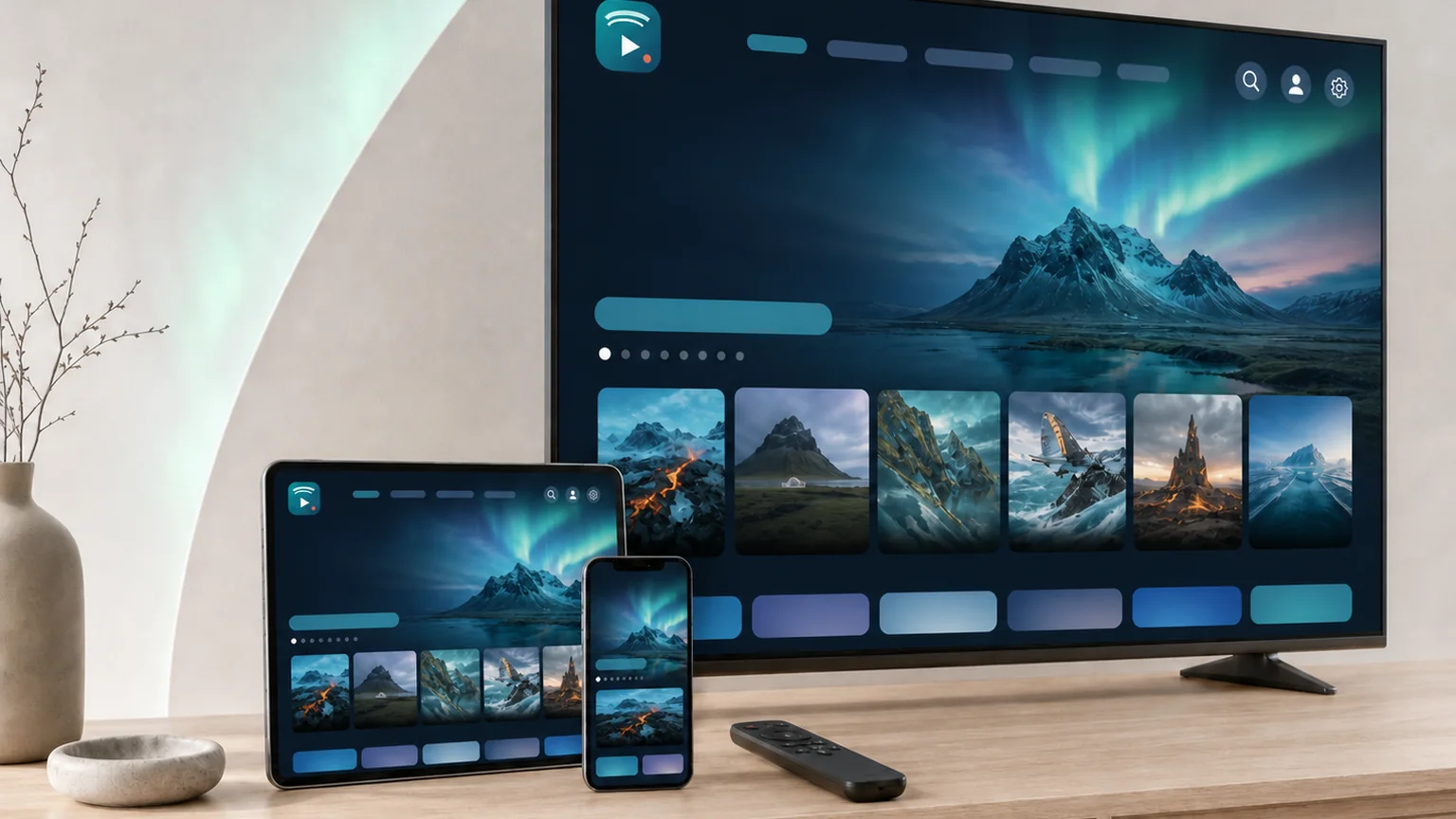 Streymisstautur tengdur í HDMI-tengi sjónvarps ásamt fjarstýringu á viðarskenk