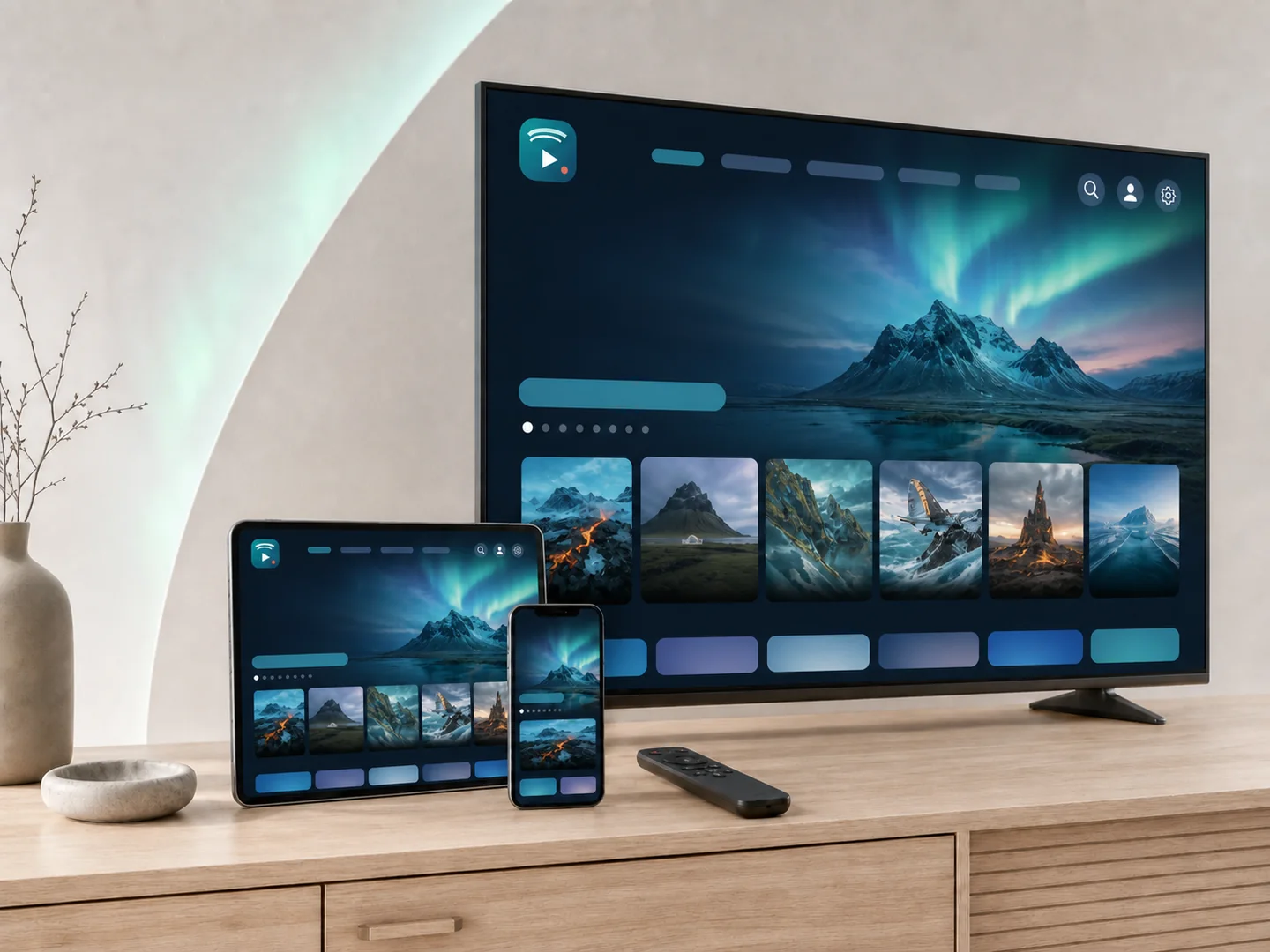 Snjallsjónvarp, spjaldtölva og sími sýna streymisviðmót IPTV Ísland á ljósri viðarskenk
